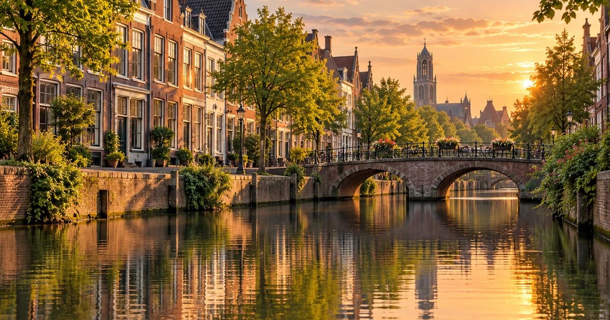 Illustration of brick gabled houses beside a quiet Dutch canal