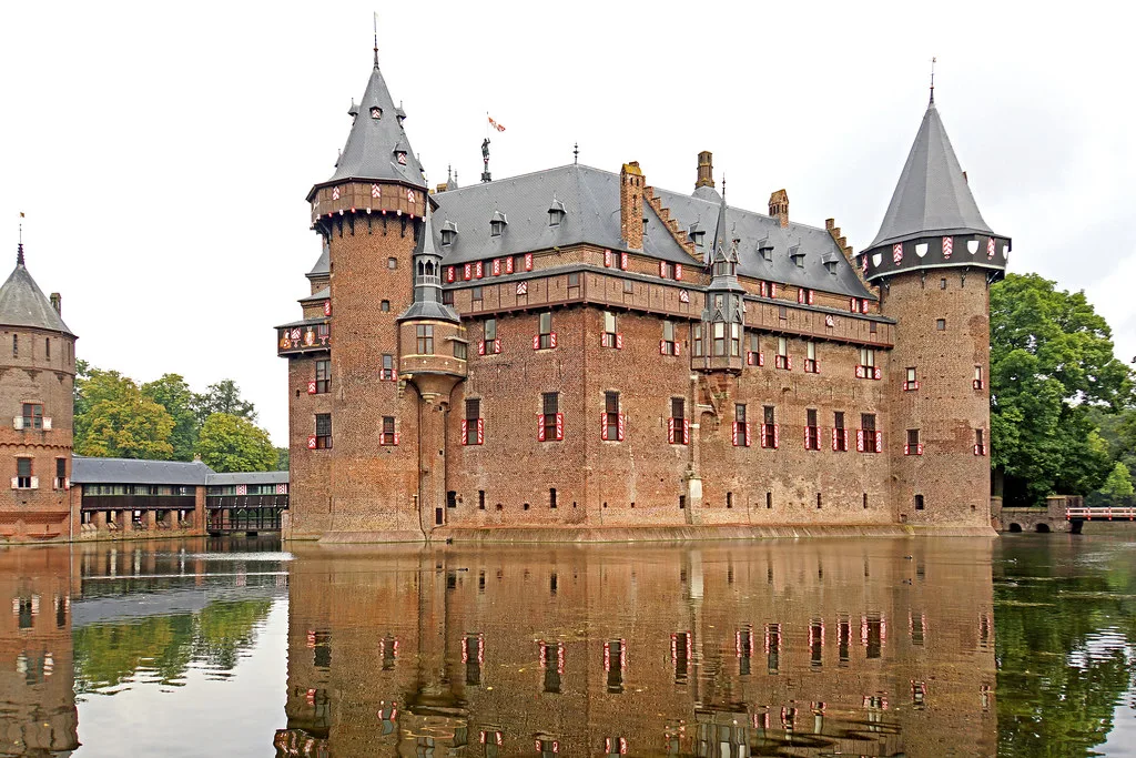 Castle De Haar reflected in its moat.
