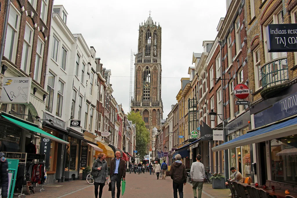 A shopping street below the Dom Tower, Utrecht.