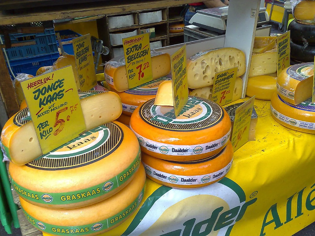 Cheeses on a Dutch market stall.