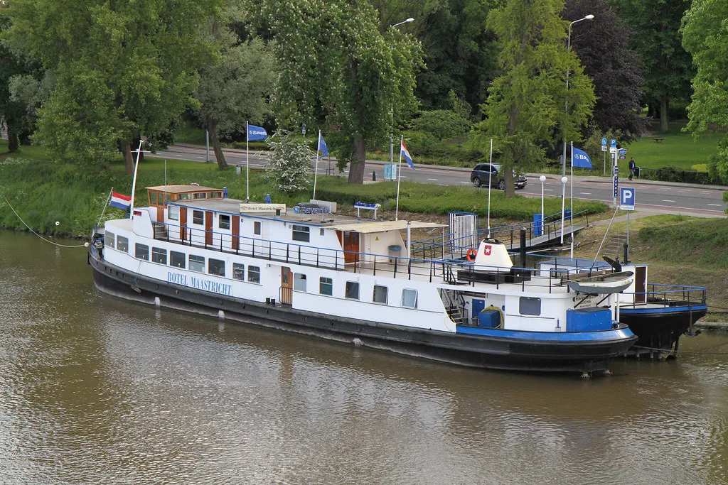 A hotel boat moored on the Maas, Maastricht.