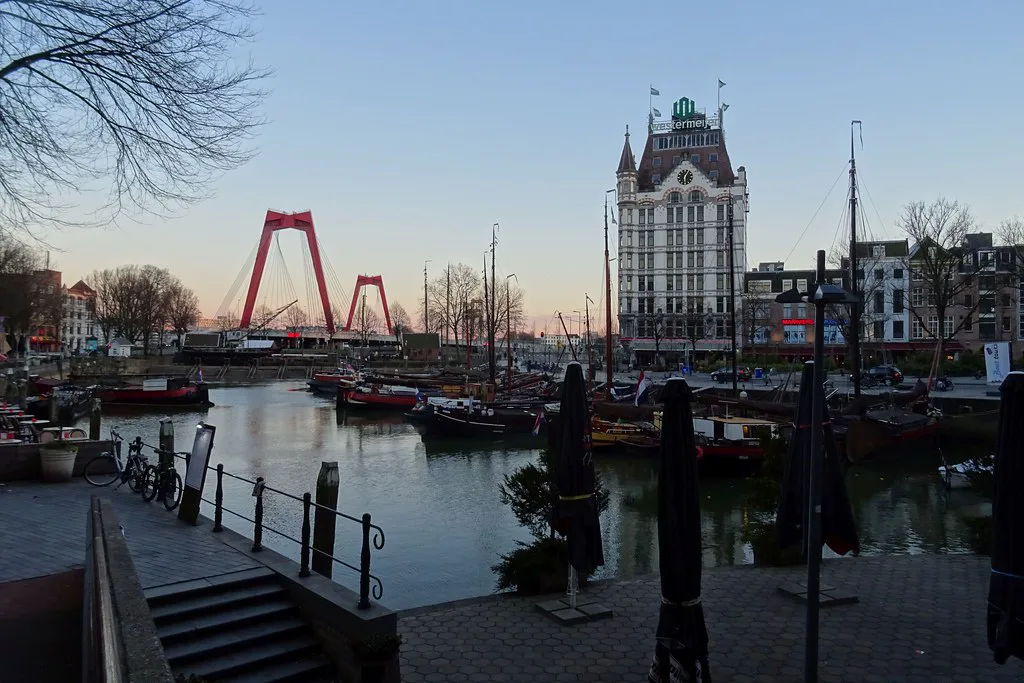 The Oude Haven and the Witte Huis at dusk, Rotterdam.