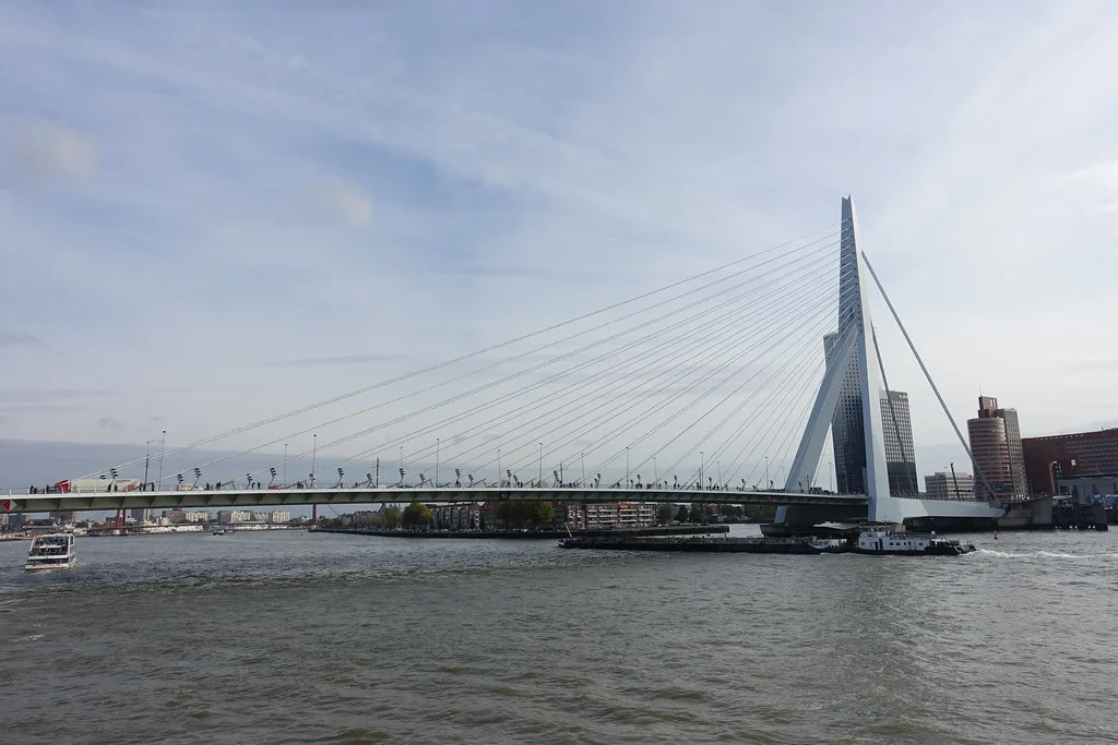 The Erasmus Bridge from a harbour tour boat, Rotterdam.