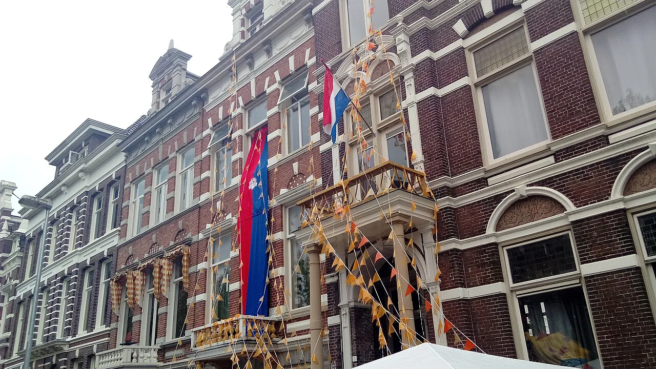 Decorated houses during the King's Day market in Groningen.