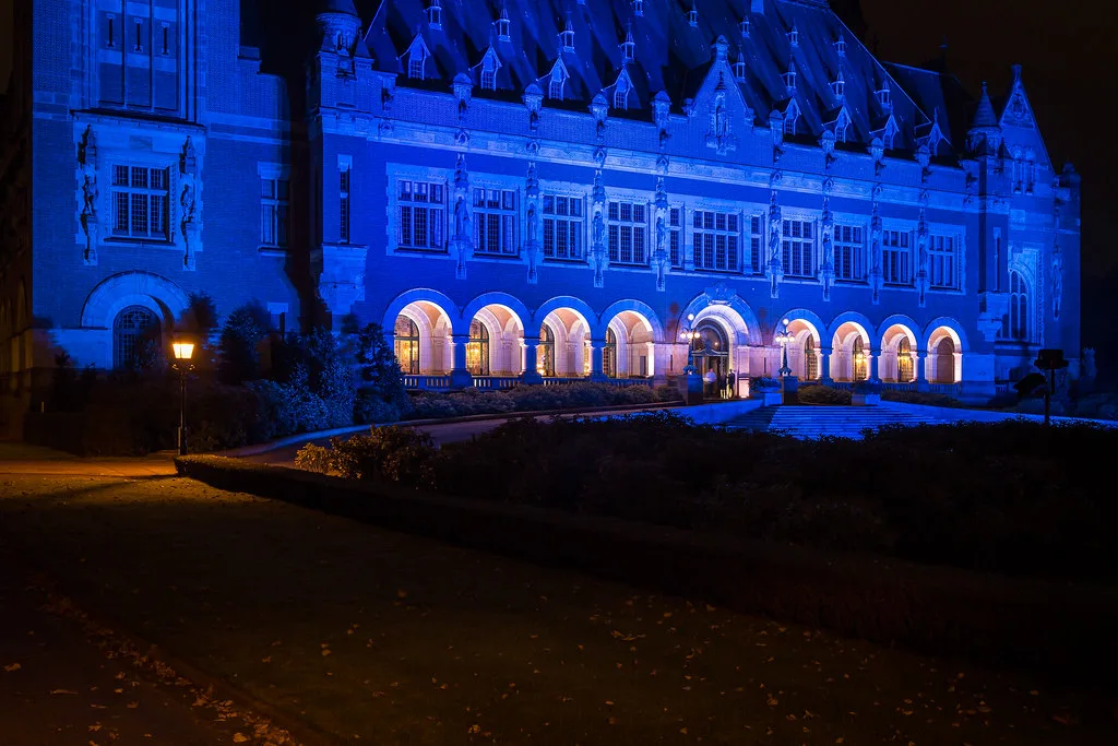 The Peace Palace lit blue, The Hague.