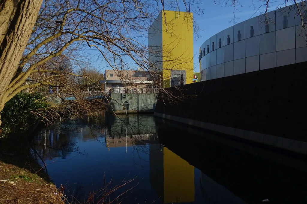 The Groninger Museum reflected in the canal, Groningen.