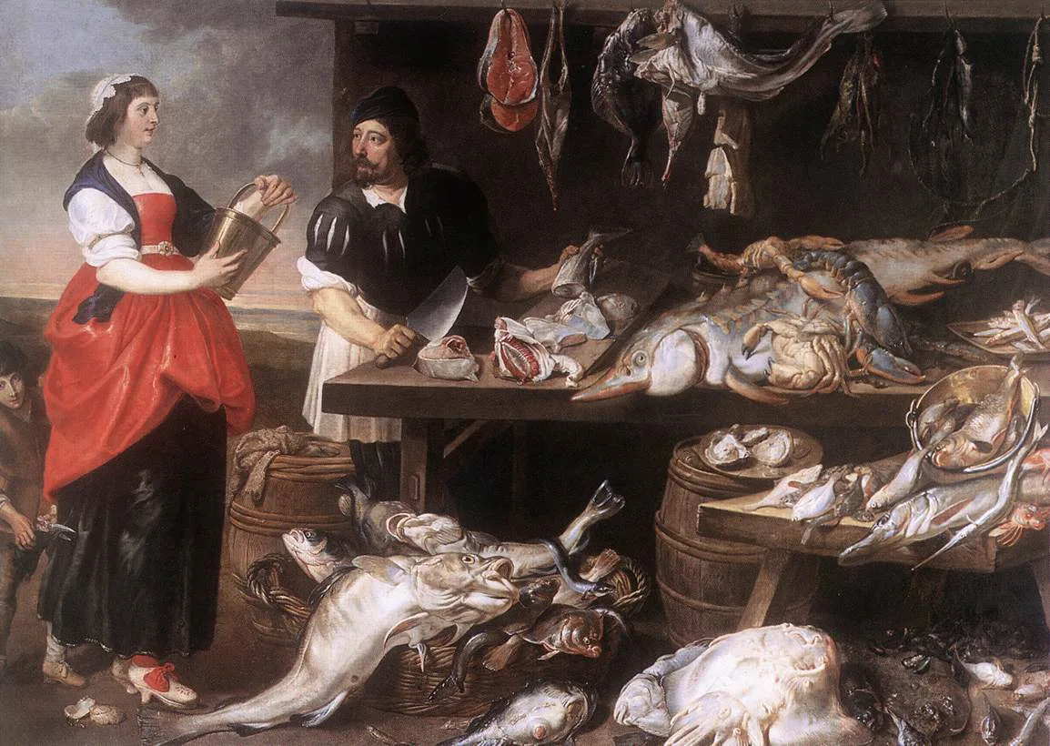 A Dutch fishmonger's stall in a 17th-century painting by Adriaen van Utrecht.