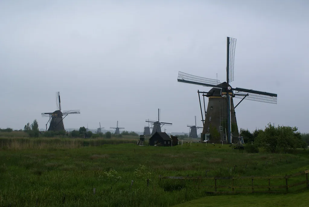 Windmills across the polder at Kinderdijk.