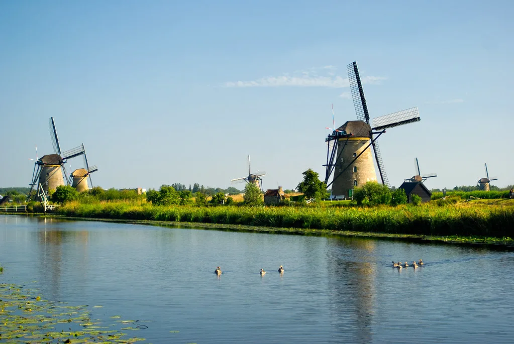 Windmills along the water at Kinderdijk.