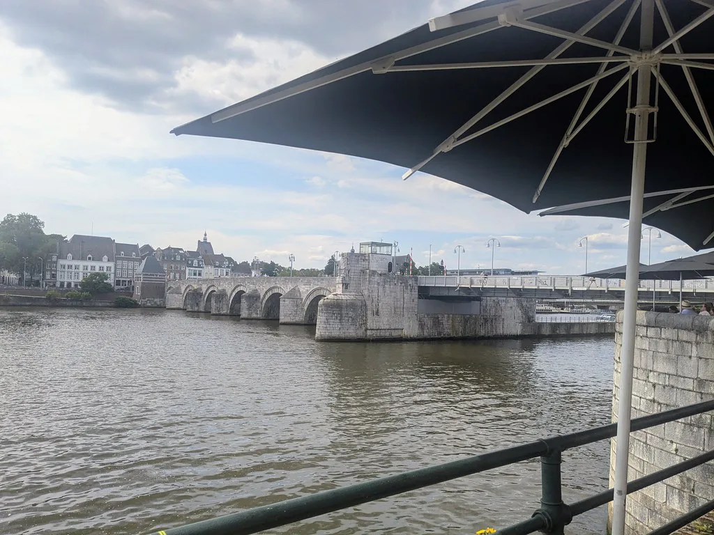 The Sint Servaasbrug from a riverside terrace, Maastricht.