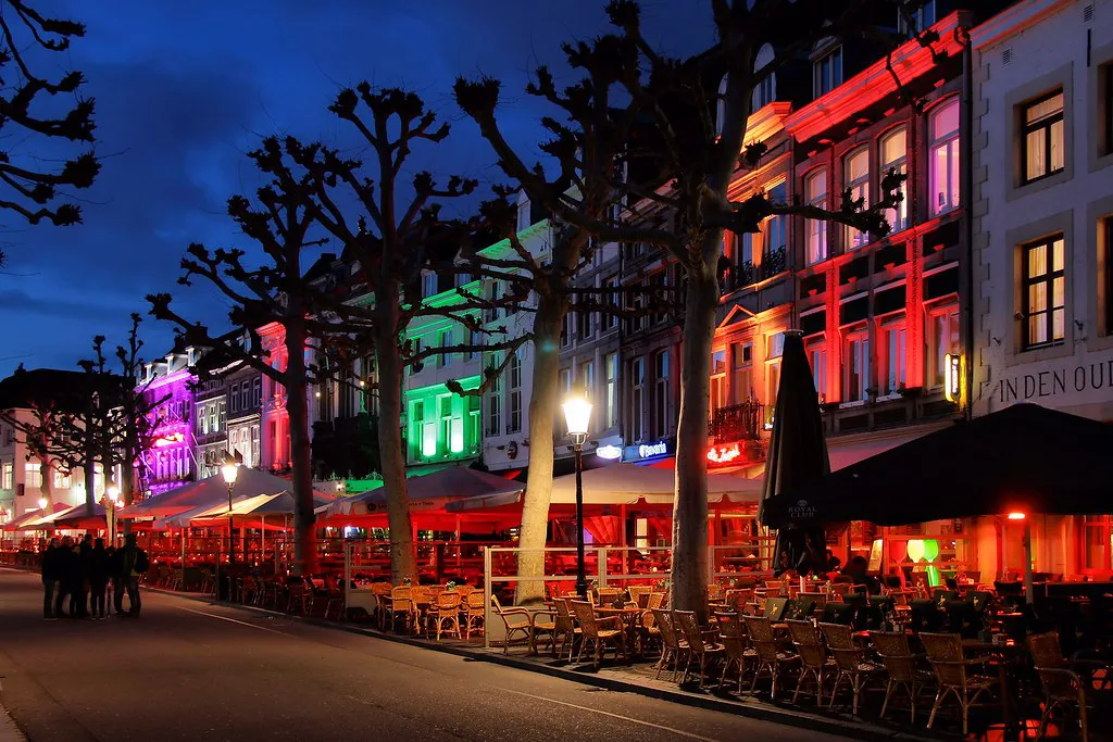 Café terraces on the Vrijthof at night, Maastricht.