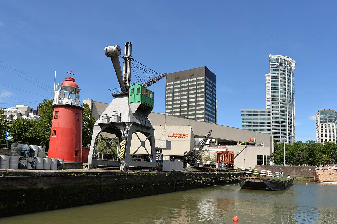 Historic harbour cranes and a lightship at the Maritiem Museum, Rotterdam.