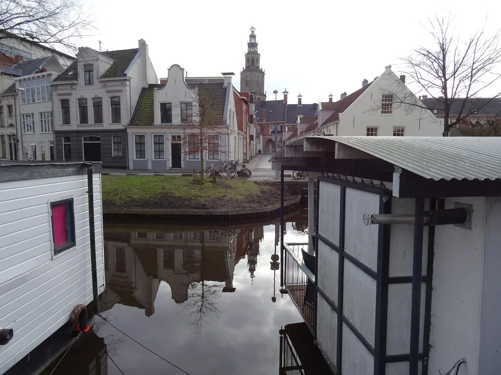 Houseboats below the Martinitoren, Groningen.