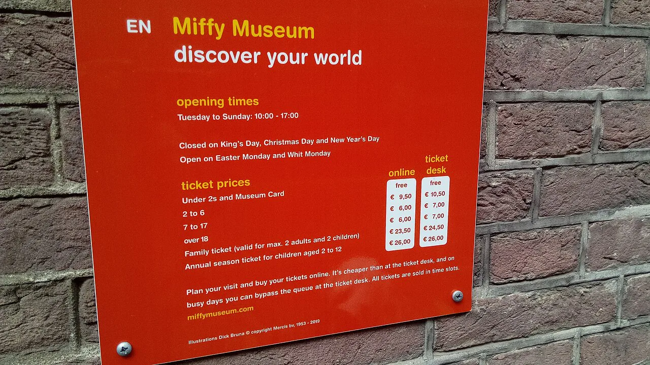 Opening times sign at the Miffy Museum, Utrecht.