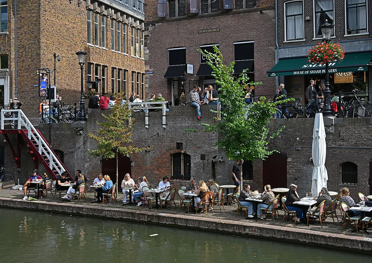 Café terraces on the wharf of the Oudegracht, Utrecht.