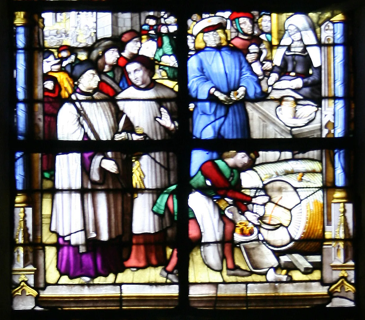 A stained-glass window of market traders in St Stephen's Church, Nijmegen.