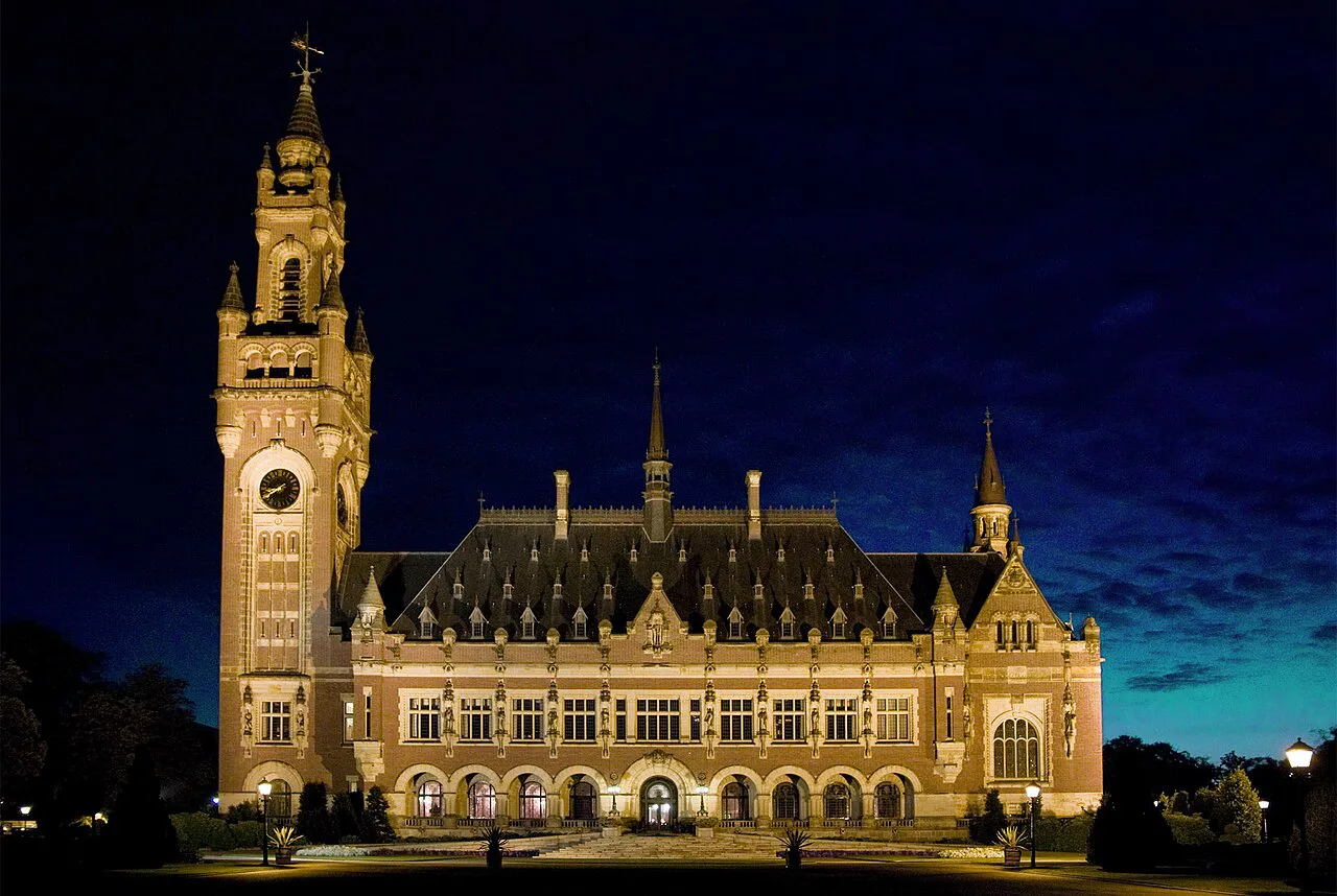 The Peace Palace lit at night, The Hague.