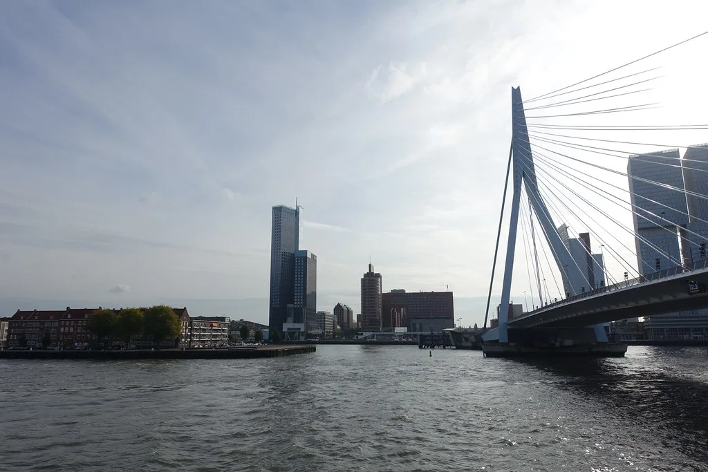 A harbour tour boat by the Erasmus Bridge, Rotterdam.