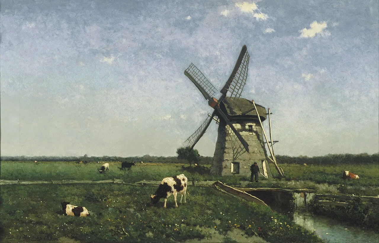 A windmill and cattle near Schiedam, painted by Johannes Hendrik Weissenbruch.