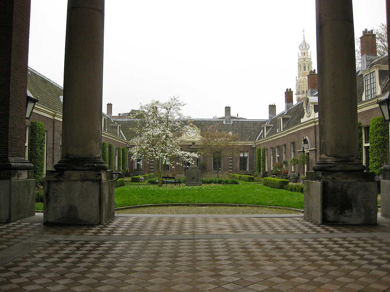 The courtyard garden of Teylers Hofje seen from the atrium, Haarlem.
