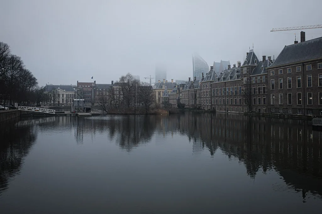 The Hofvijver and the Binnenhof in the mist, The Hague.