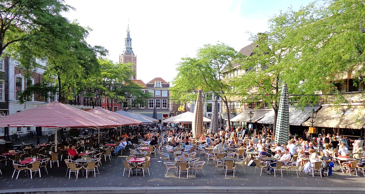 Café terraces in The Hague's car-free city centre.