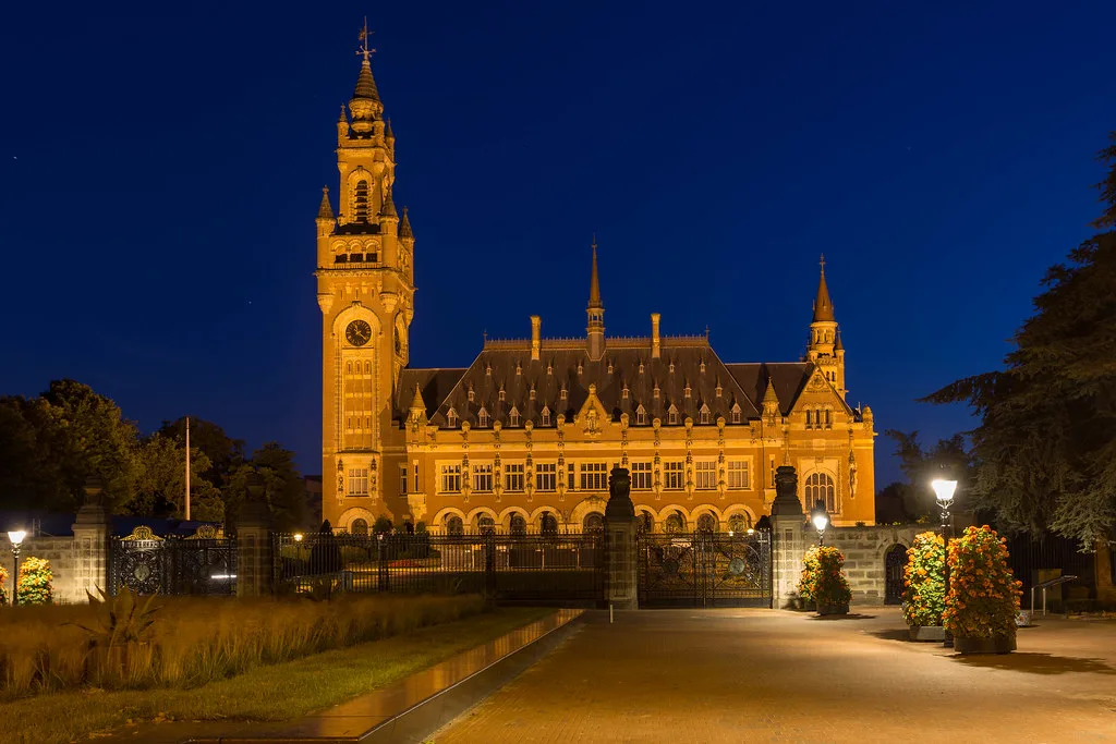 The Peace Palace lit at night, The Hague.