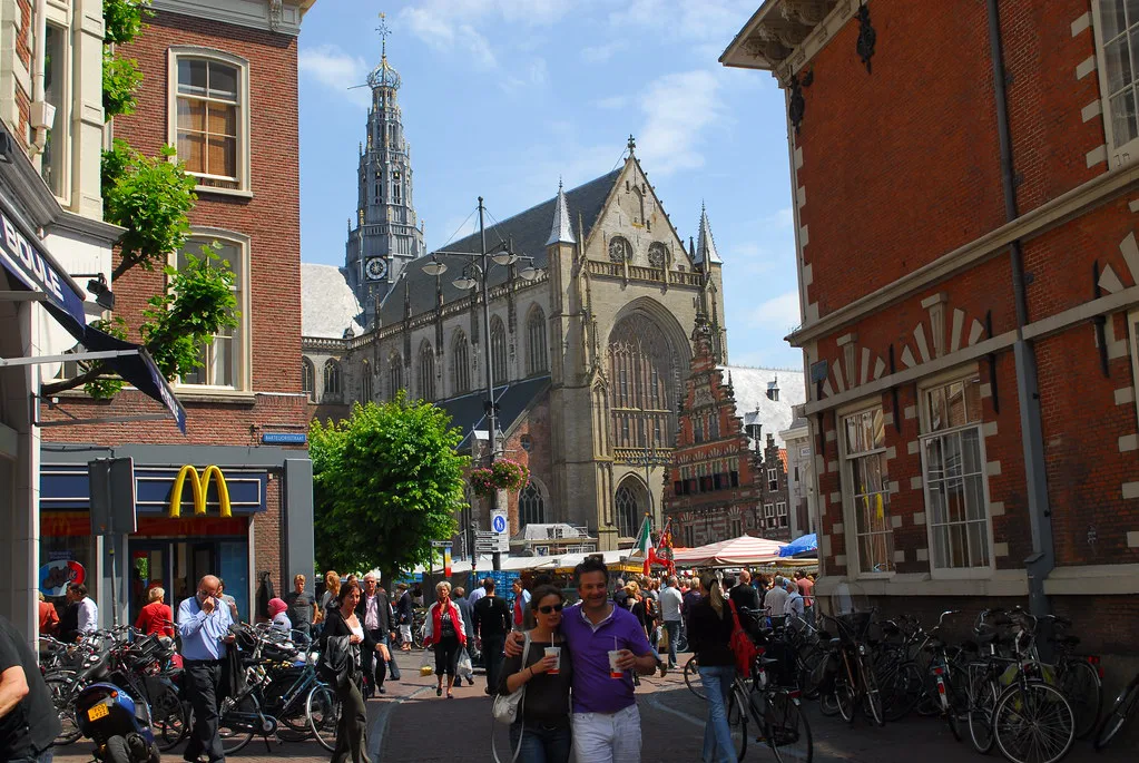 A busy street below the Grote Kerk, Haarlem.