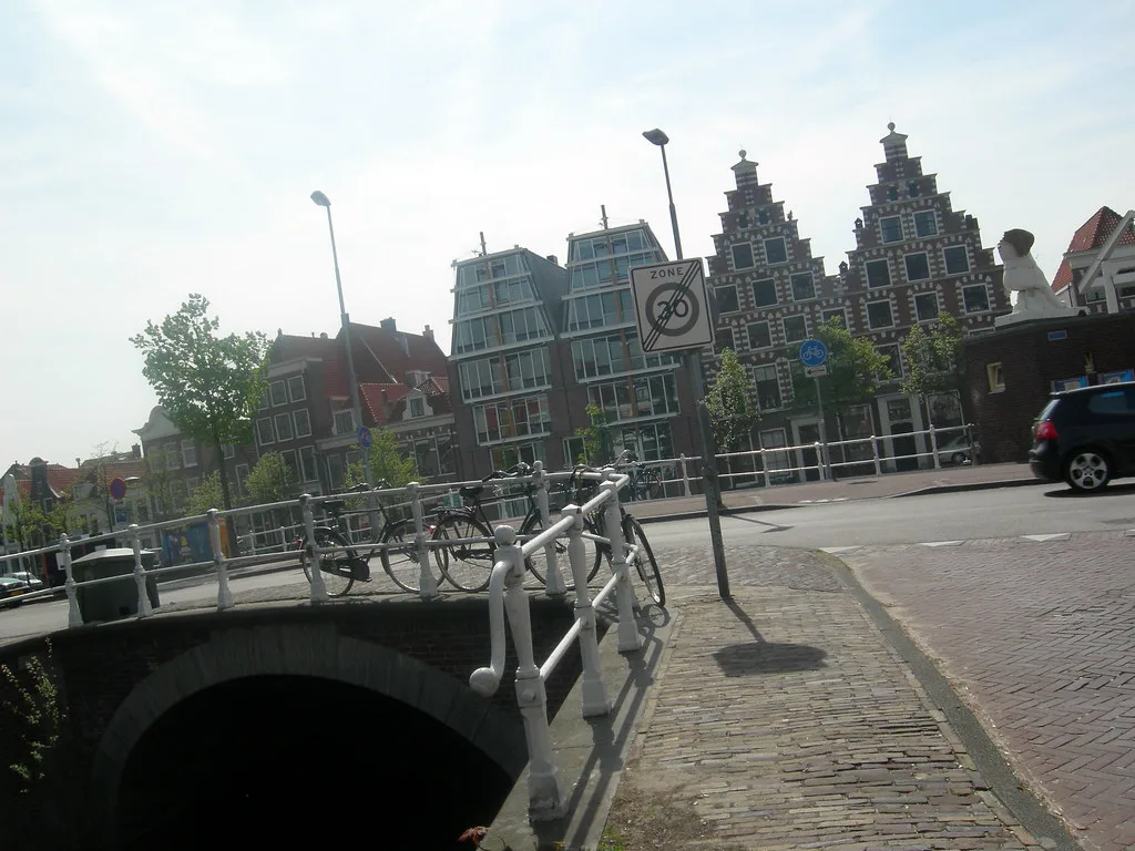 Gabled houses by a bridge in Haarlem.