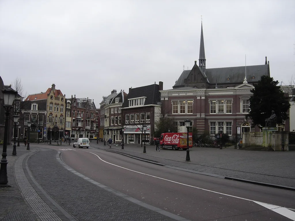 A street with a church tower in Utrecht.