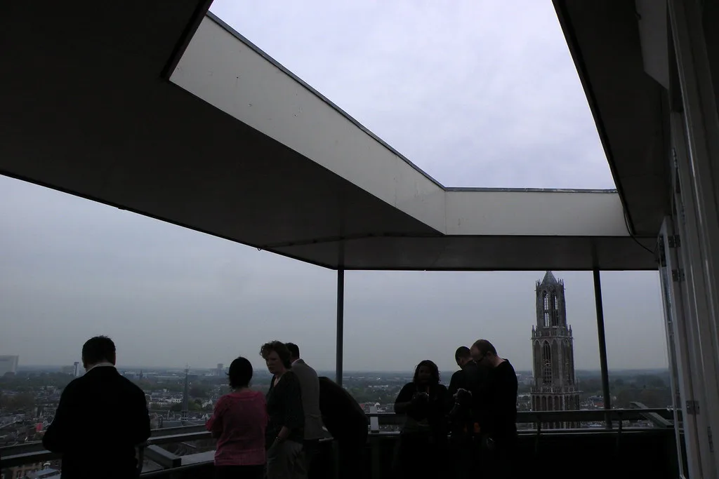 Visitors on the Neudeflat roof with the Dom Tower behind, Utrecht.