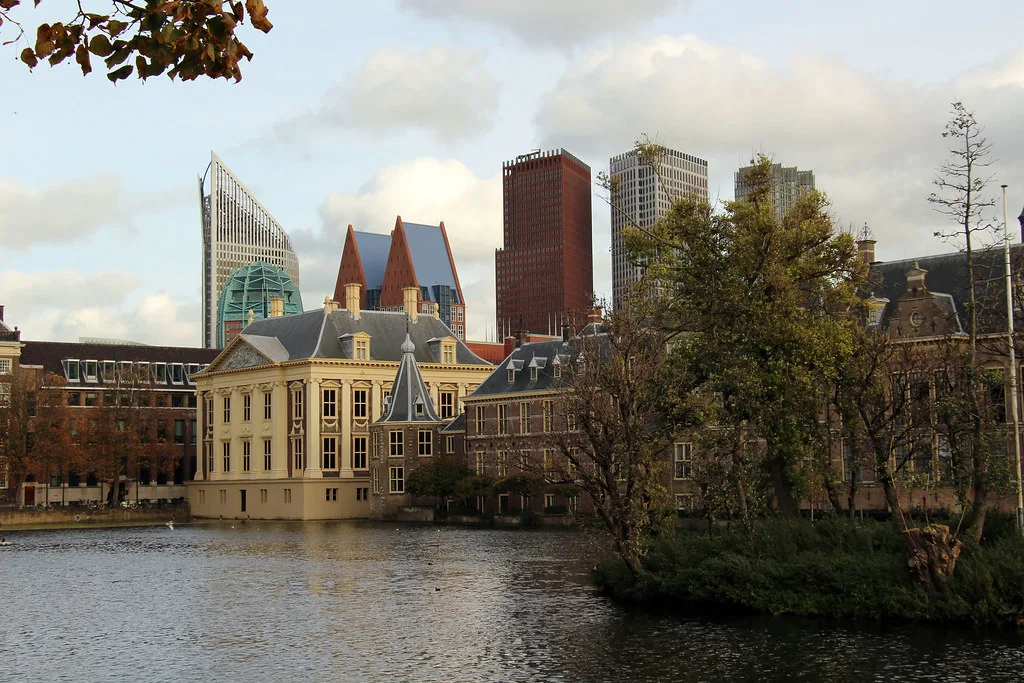 The Hofvijver and the Mauritshuis with The Hague's towers behind.