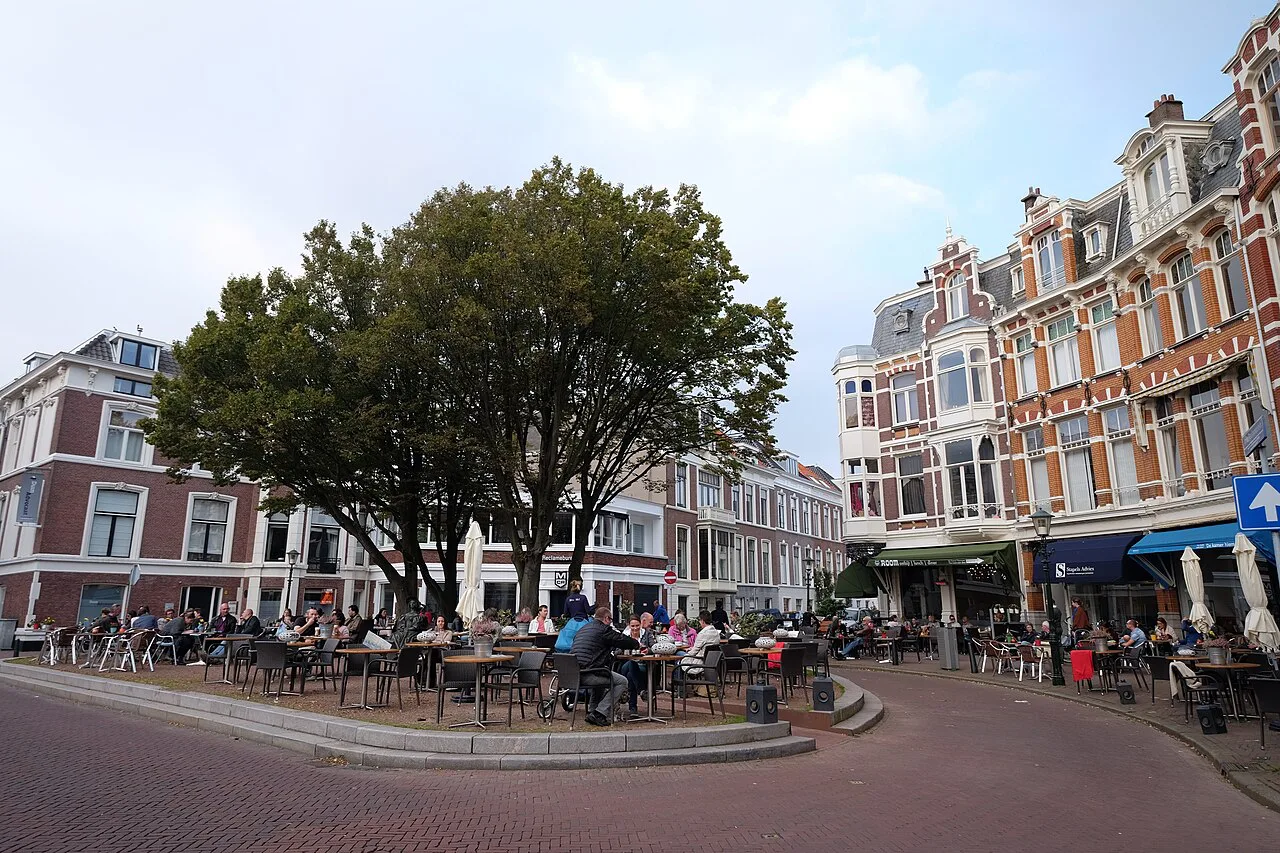 Café terraces on a square in the Zeeheldenkwartier, The Hague.